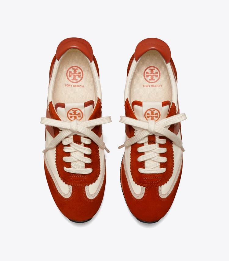 Tory Burch designer sneakers Hank Sneaker in New Ivory / RED overhead