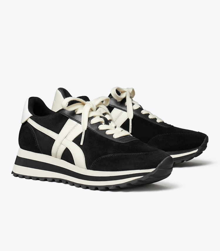 Tory Burch designer sneakers Hank Wedge Sneaker in BLACK/NEW IVORY/TITANIUM WHITE angle