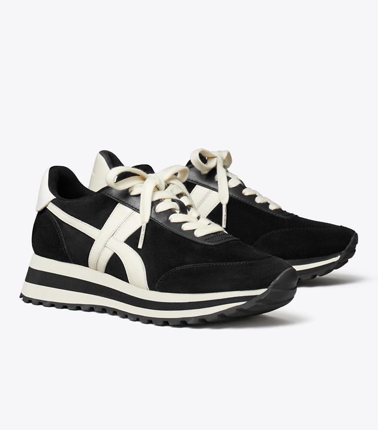 Tory Burch designer sneakers Hank Wedge Sneaker in BLACK/NEW IVORY/TITANIUM WHITE angle