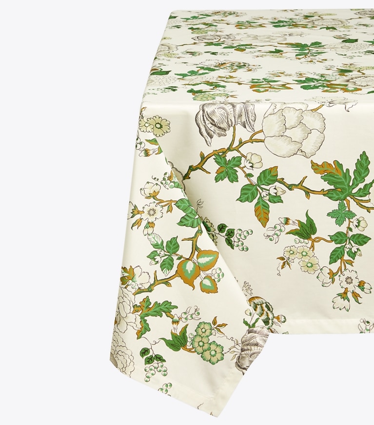 Tory Burch designer linens Happy Times Bouquet Oblong Tablecloth, 70" x 126" in Moss Green front