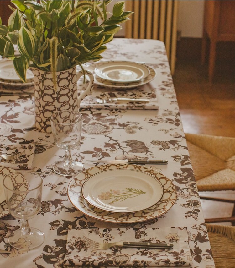 Tory Burch designer linens Happy Times Bouquet Oblong Tablecloth, 70" x 126" in Brown editorial