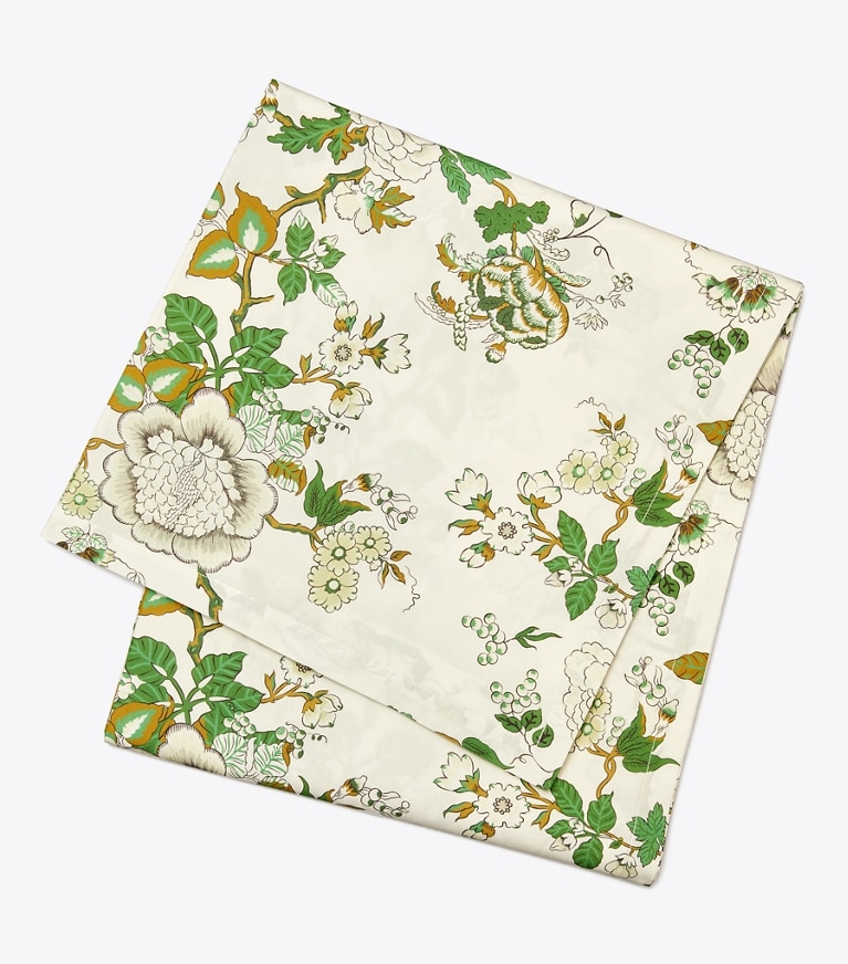 Tory Burch designer linens Happy Times Bouquet Oblong Tablecloth, 70" x 126" in Moss Green front
