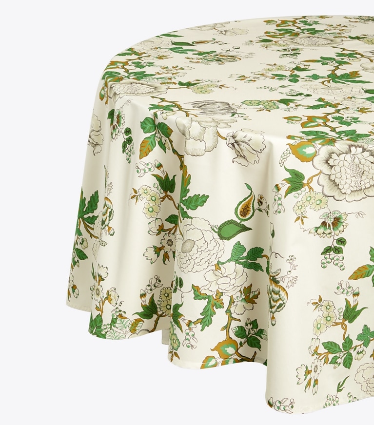 Tory Burch designer linens Happy Times Bouquet Round Tablecloth, 108" in Moss Green front