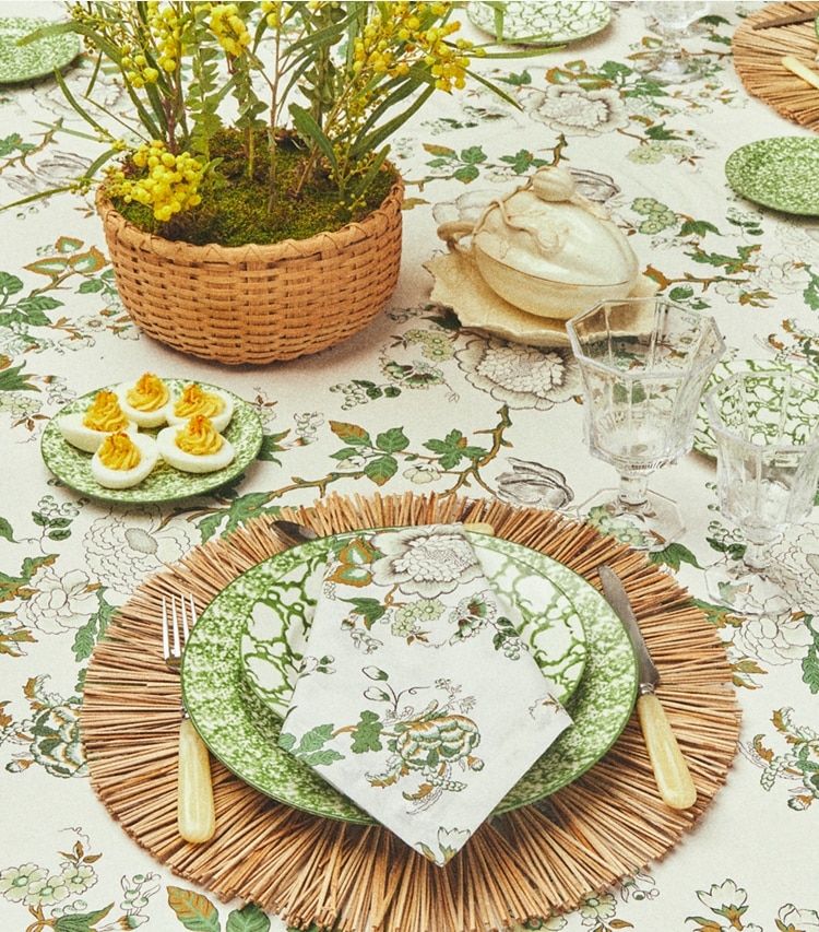 Tory Burch designer linens Happy Times Bouquet Round Tablecloth, 108" in Moss Green editorial