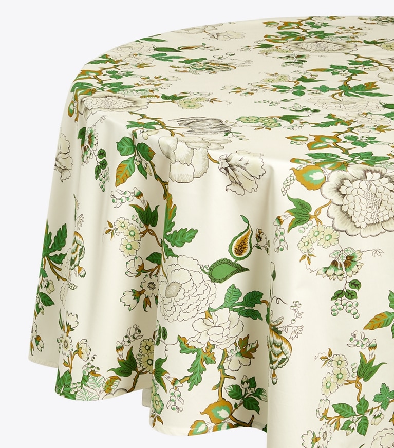 Tory Burch designer linens Happy Times Bouquet Round Tablecloth, 120" in Moss Green front