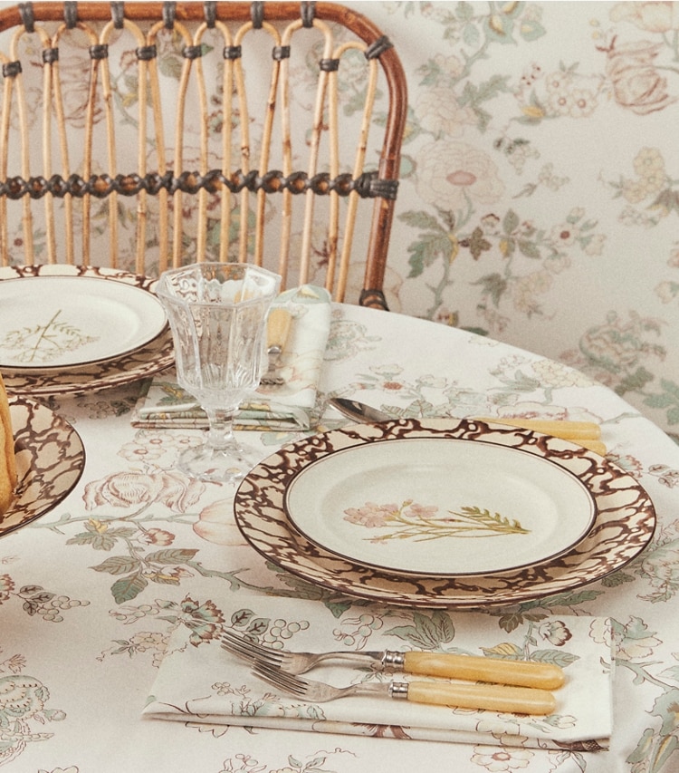 Tory Burch designer linens Happy Times Bouquet Round Tablecloth, 132" in Ivory editorial