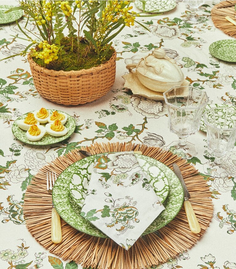 Tory Burch designer linens Happy Times Bouquet Round Tablecloth, 132" in Moss Green front