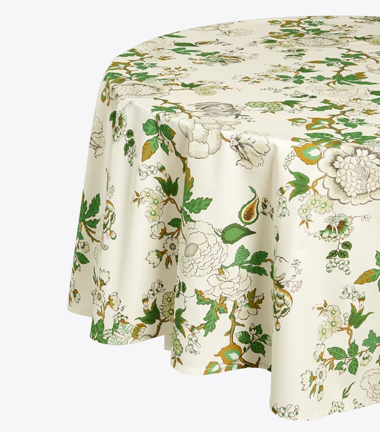 Tory Burch designer linens Happy Times Bouquet Round Tablecloth, 90" in Moss Green detail