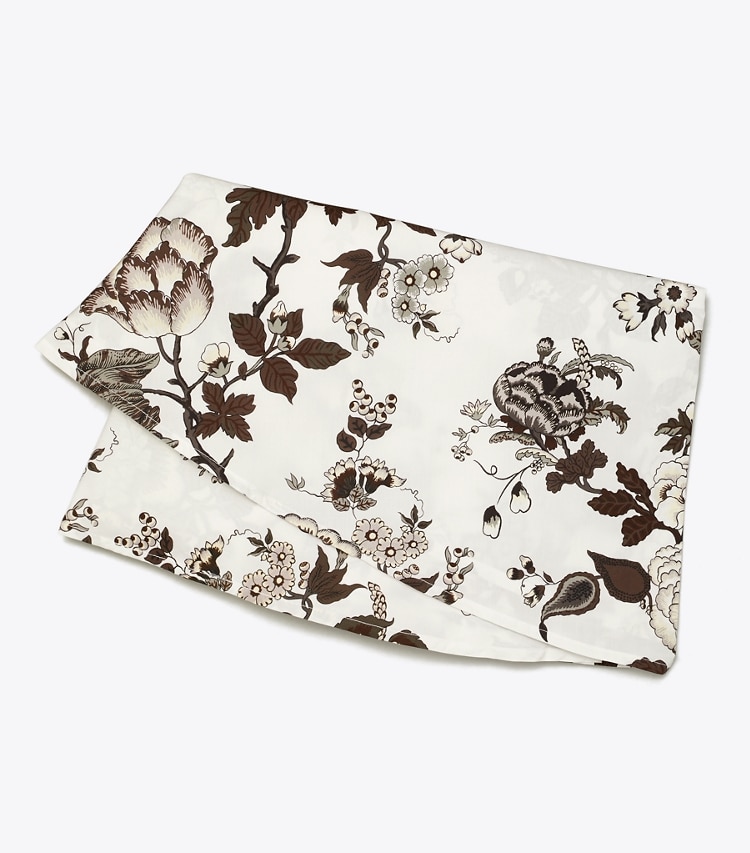 Tory Burch designer linens Happy Times Bouquet Round Tablecloth, 90" in Brown folded