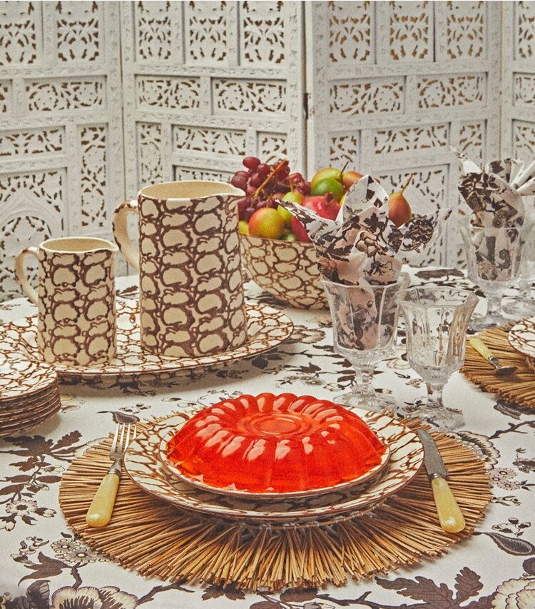 Tory Burch designer linens Happy Times Bouquet Square Tablecloth, 70" x 70" in Brown editorial