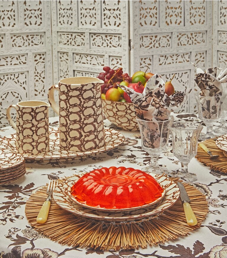 Tory Burch designer linens Happy Times Bouquet Square Tablecloth, 70" x 70" in Brown group