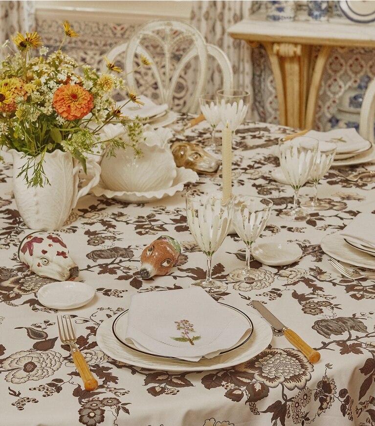 Tory Burch designer linens Happy Times Bouquet Square Tablecloth, 70" x 70" in Brown group