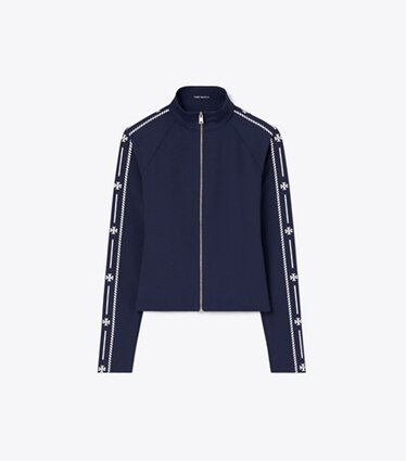 Tory Burch designer vestes Haut à bordure en nylon à fermeture éclair avec logo dans TORY NAVY de face