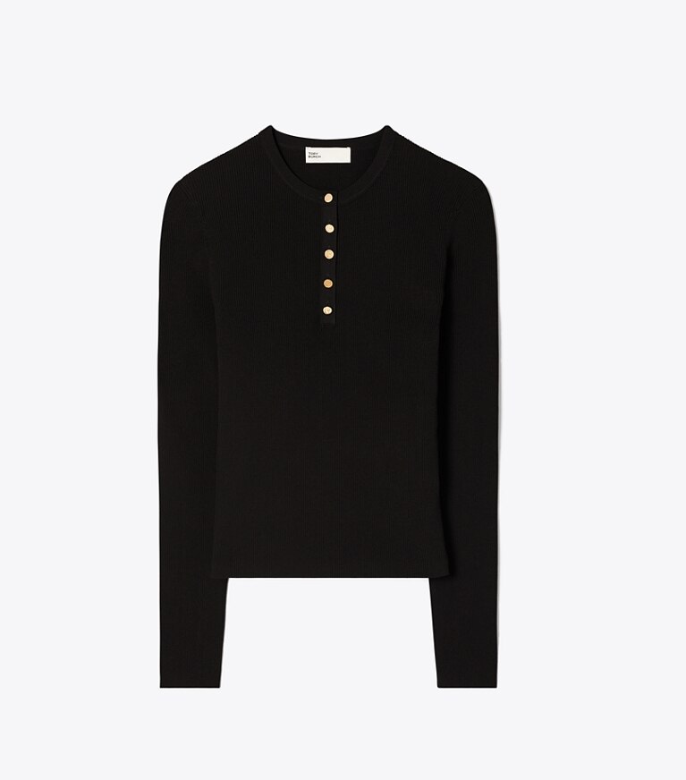 Tory Burch designer vestes Haut à col tunisien en viscose côtelée in Black front