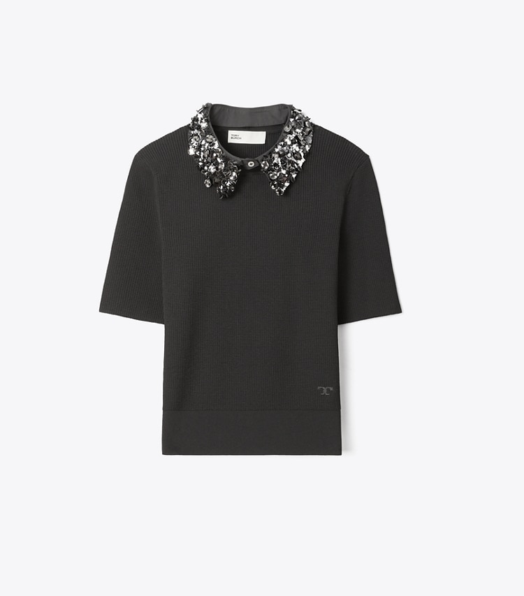 Tory Burch designer hauts Haut à manches courtes et col ornementé in Black front