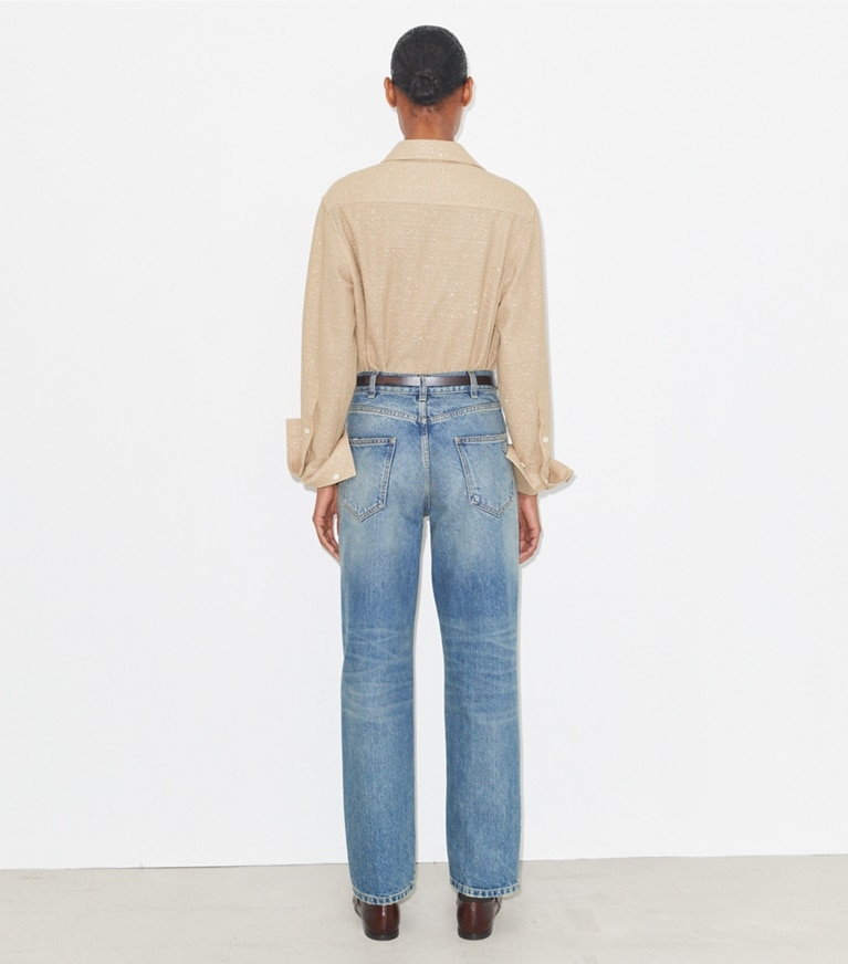 Tory Burch designer hauts Haut à poignets mousquetaires en jacquard in Beige front