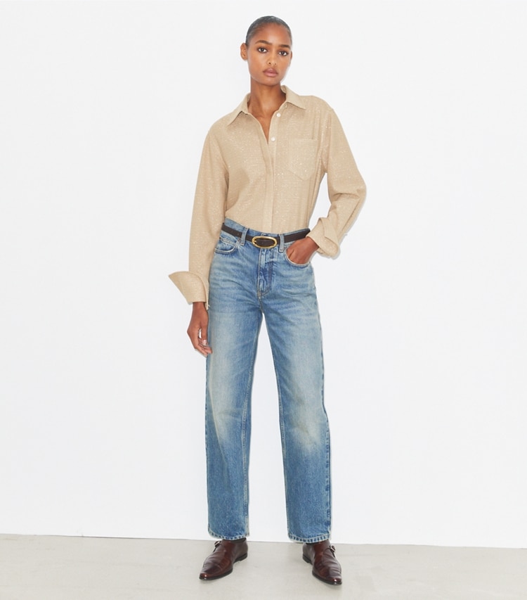 Tory Burch designer hauts Haut à poignets mousquetaires en jacquard in Beige sur mannequin, devant