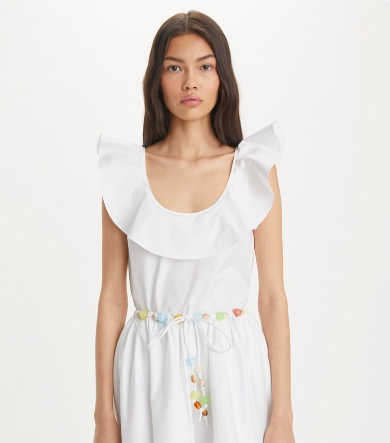 Tory Burch designer paréos Haut à volants en coton dans White détail sur modèle