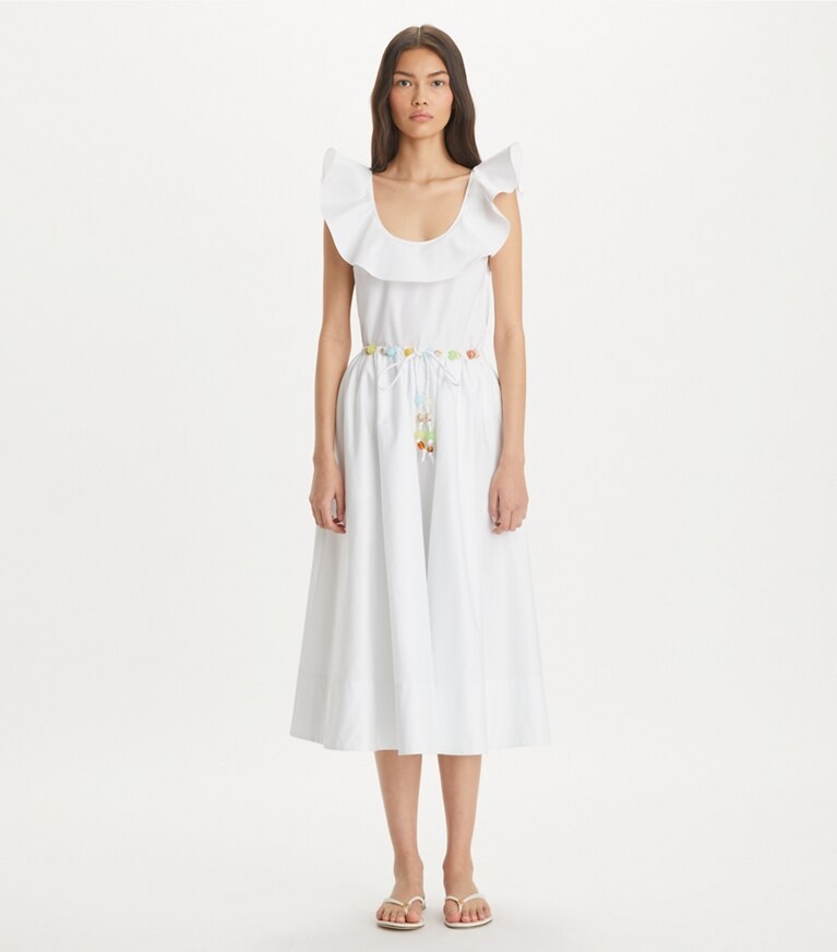 Tory Burch designer paréos Haut à volants en coton dans White sur modèle, de face