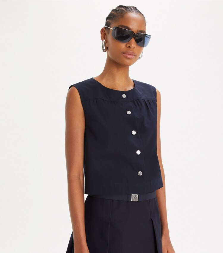 Tory Burch designer hauts Haut boutonné en popeline de coton dans Medium Navy détail sur modèle