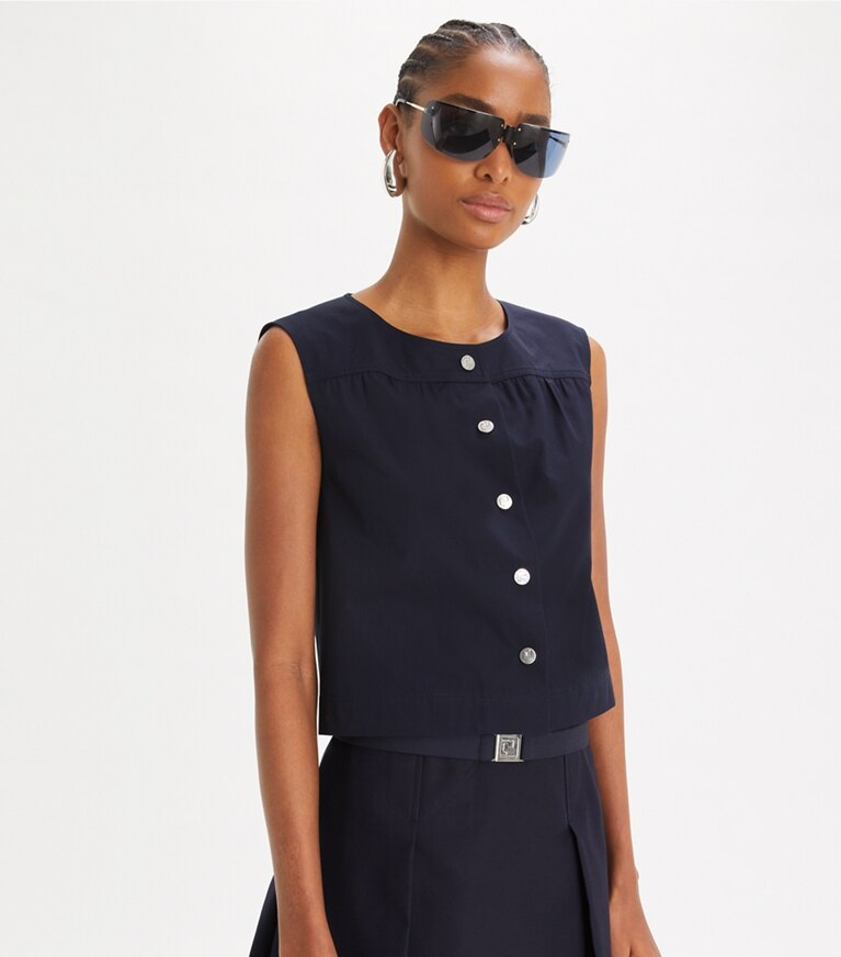Tory Burch designer hauts Haut boutonné en popeline de coton dans Medium Navy détail sur modèle
