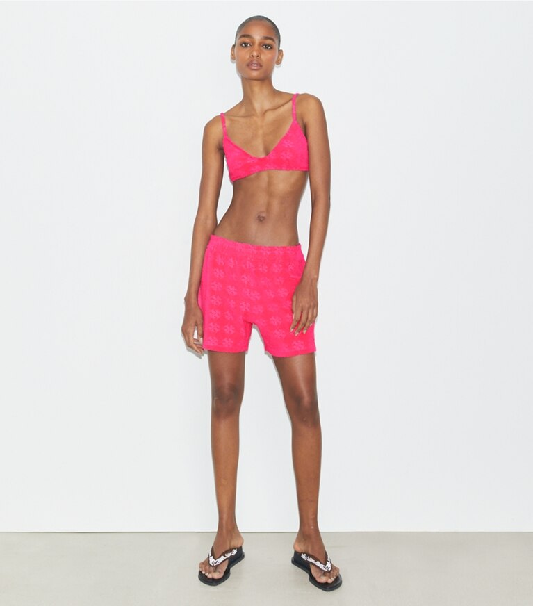 Tory Burch designer deux pieces Haut de bikini en molleton à logo in Bold Pink front