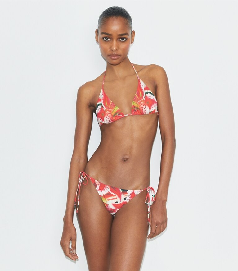 Tory Burch designer deux pieces Haut de bikini ficelle imprimé in Pink Lily on model detail