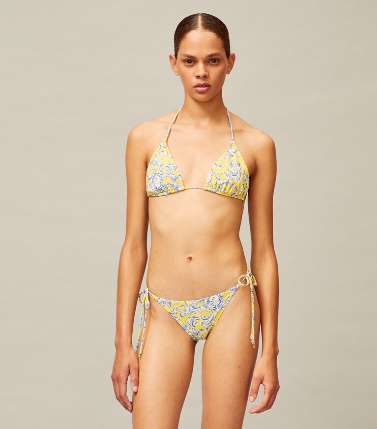 Tory Burch designer deux pieces Haut de bikini ficelle imprimé dans Yellow Swirl détail sur modèle