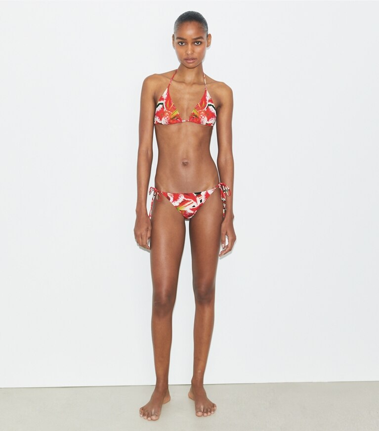 Tory Burch designer deux pieces Haut de bikini ficelle imprimé in Pink Lily sur mannequin, devant