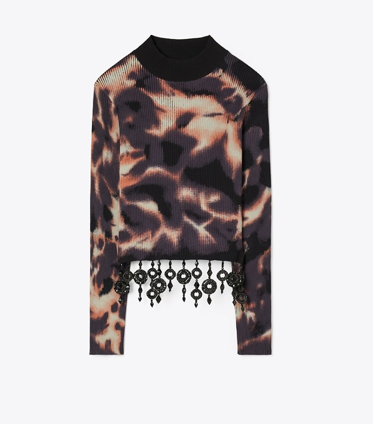 Tory Burch designer sweaters Haut en coton à frange perlée in Black / Brown front