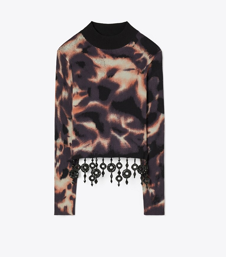 Tory Burch designer sweaters Haut en coton à frange perlée in Black / Brown front