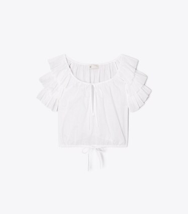 Tory Burch designer paréos Haut en coton à volants dans White de face