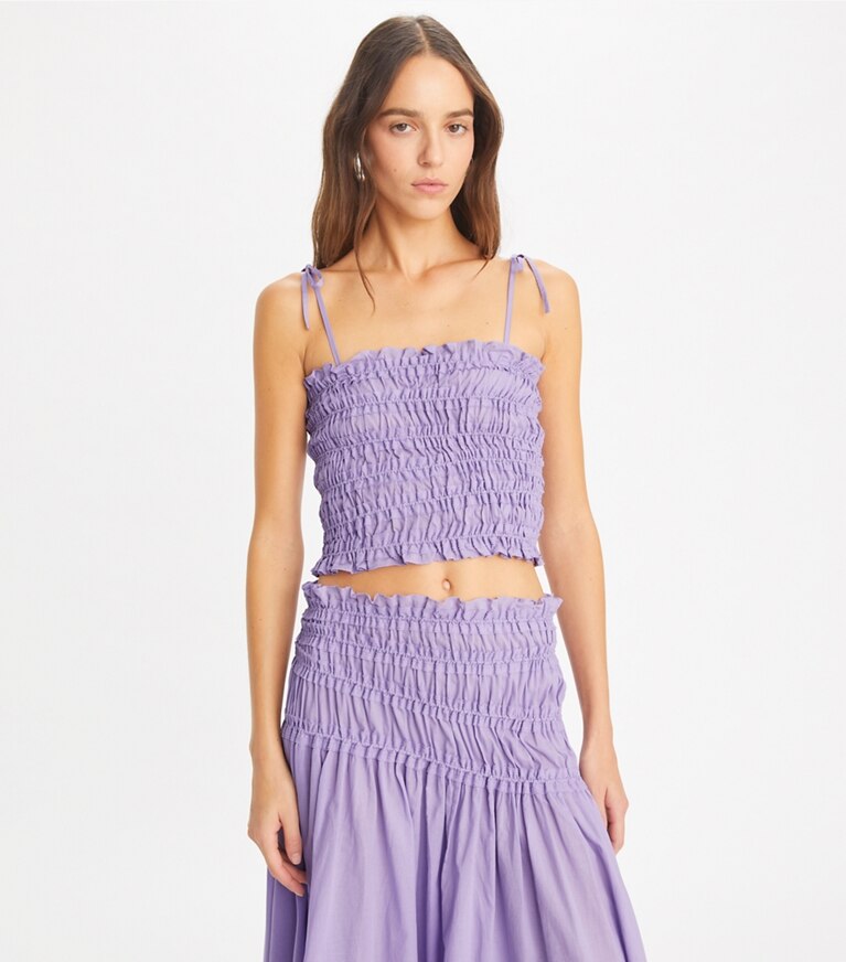 Tory Burch designer paréos Haut en coton smocké dans Lilac Frost détail sur modèle