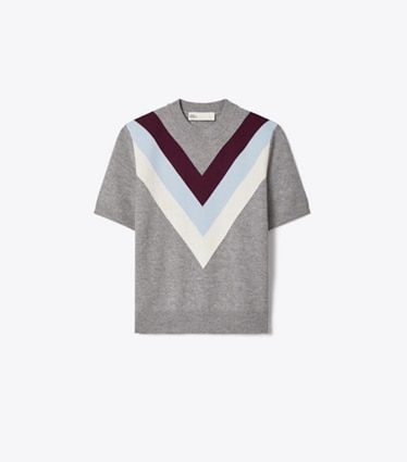Tory Burch designer sweaters Haut en laine à chevrons in Light Gray front