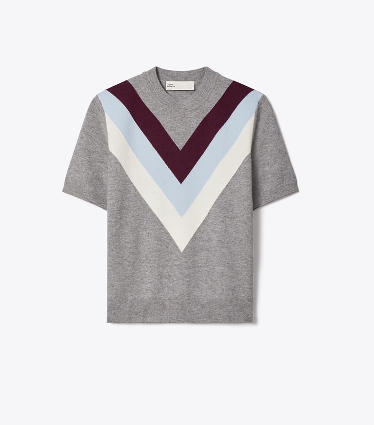 Tory Burch designer sweaters Haut en laine à chevrons in Light Gray front