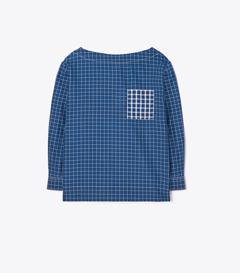 Tory Burch designer hauts Haut en soie à encolure bateau, à carreaux dans Blue / White de face
