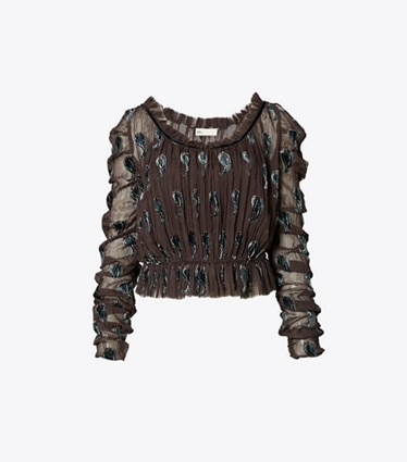 Tory Burch designer hauts Haut en velours froncé in Brown Paisley front