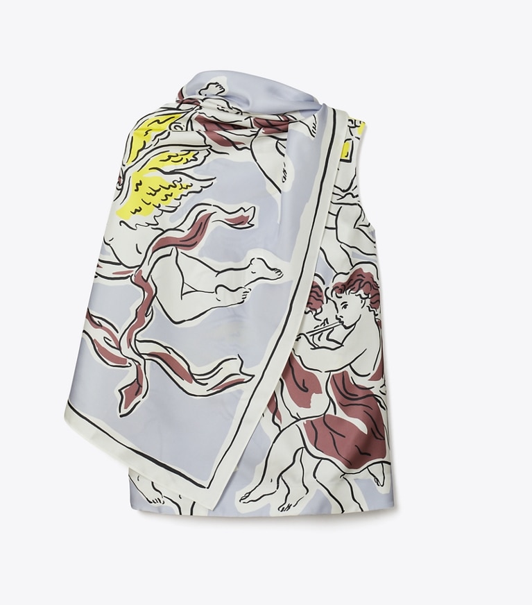 Tory Burch designer hauts Haut façon cape en soie imprimée in Lilac Cherubs front
