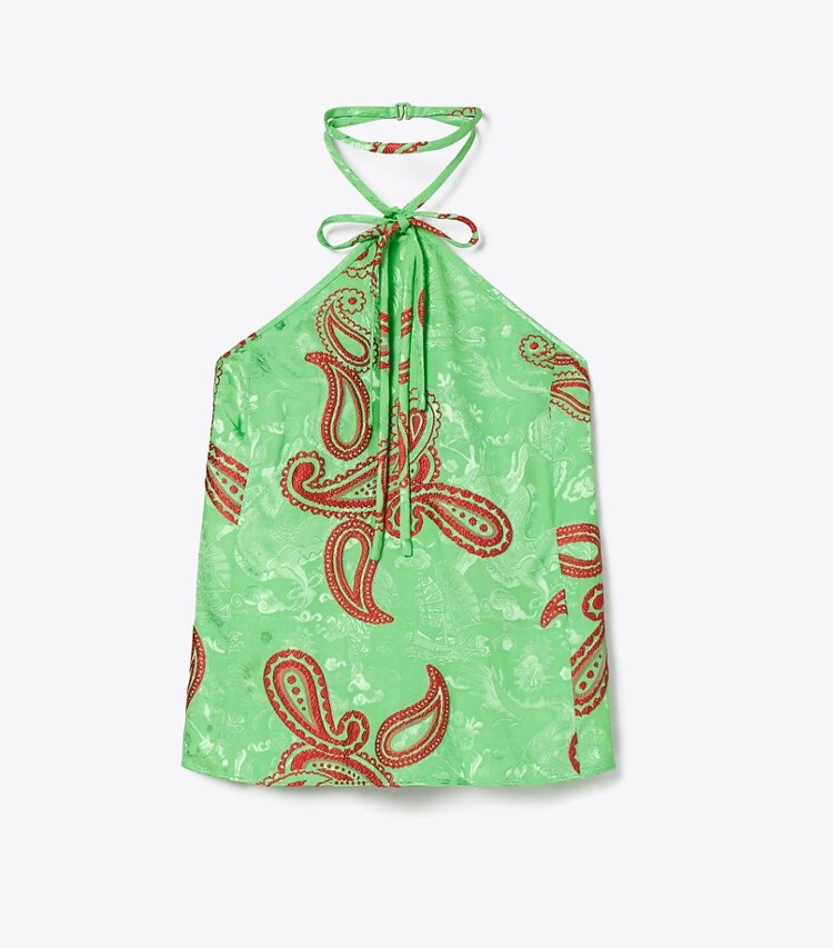 Tory Burch designer hauts Haut noué en satin à motif cachemire dans Green/Red de face