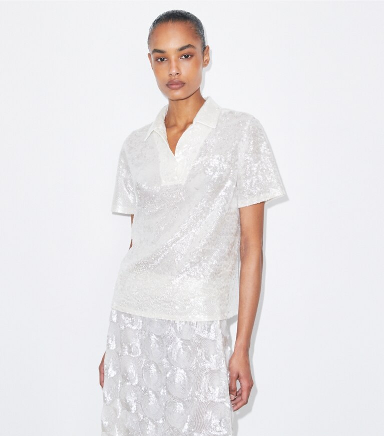Tory Burch designer hauts Haut orné de sequins dans Marshmallow détail sur modèle