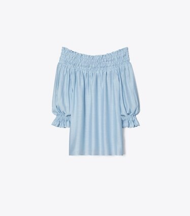 Tory Burch designer paréos Haut volanté en lin in Light Blue Sky front