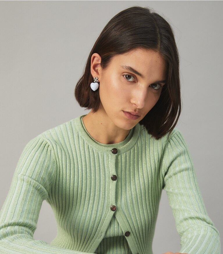 Tory Burch designer earrings Heart Earring in Antique Pewter / Black accessory on model