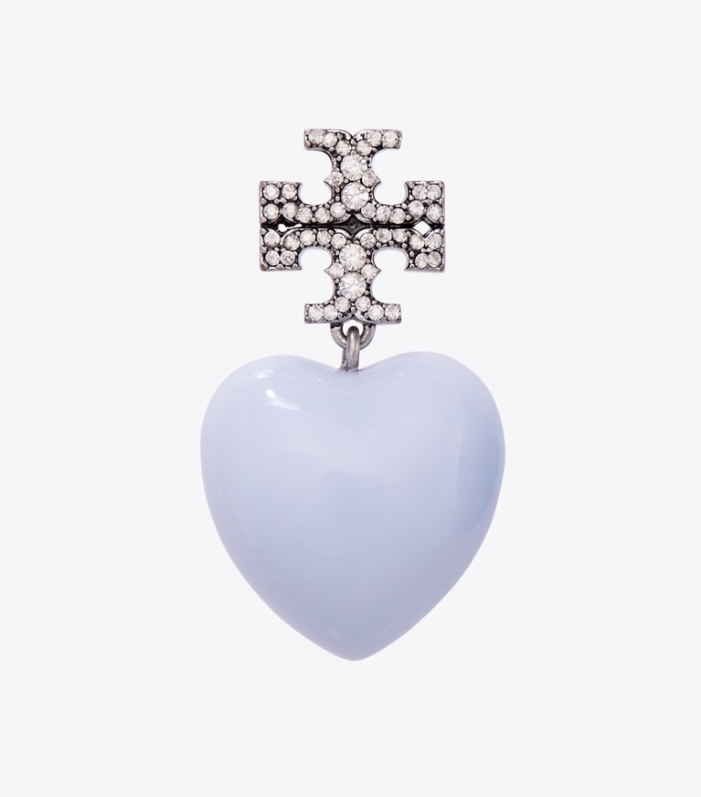 Tory Burch designer earrings Heart Earring in Antique Pewter / Soft Blue front