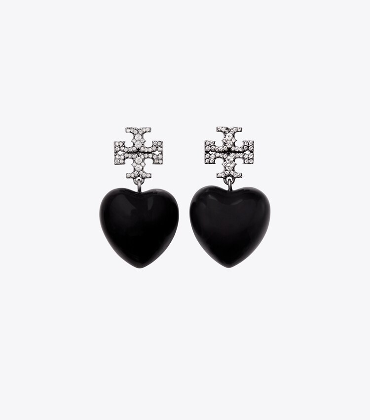 Tory Burch designer earrings Heart Earring in Antique Pewter / Black front