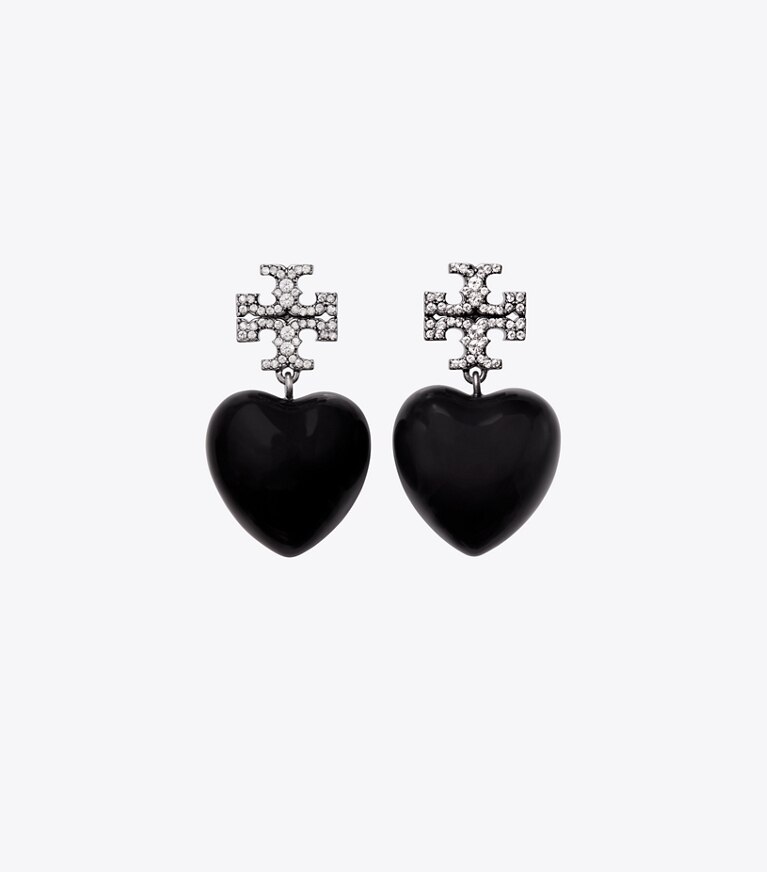 Tory Burch designer earrings Heart Earring in Antique Pewter / Black front
