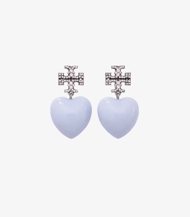 Tory Burch designer earrings Heart Earring in Antique Pewter / Soft Blue front