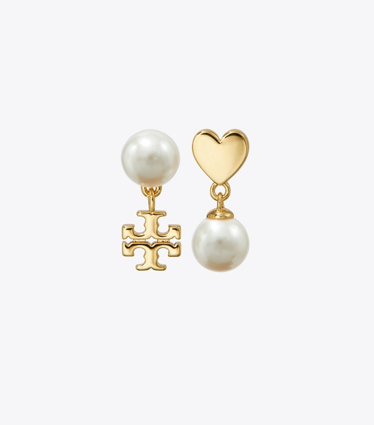 Tory Burch designer jewelry boxes Heart Earrings And Necklace Set in Tory Gold / Pearl / Crystal detail