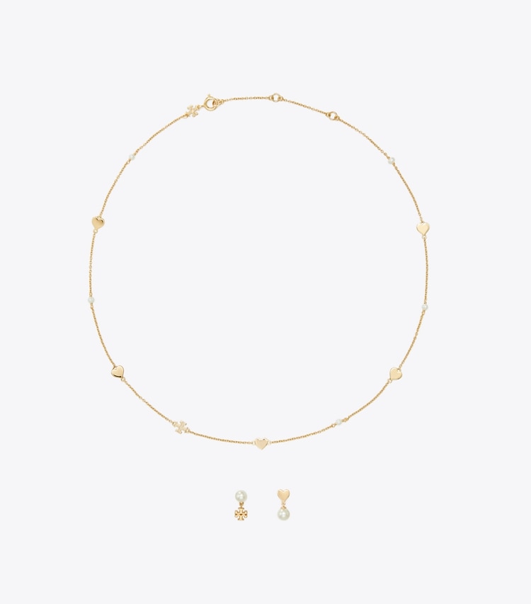 Tory Burch designer jewelry boxes Heart Earrings And Necklace Set in Tory Gold / Pearl / Crystal front