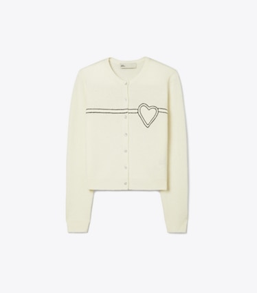 Tory Sport designer sweaters Heart Pick Stitch Cashmere Cardigan in NEW IVORY front
