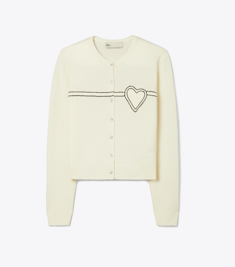 Tory Sport designer sweaters Heart Pick Stitch Cashmere Cardigan in NEW IVORY front